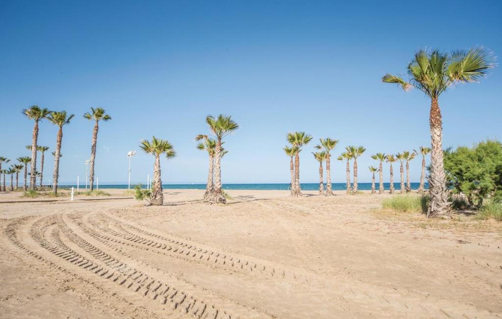 uma fileira de palmeiras numa praia arenosa em Casa Tere Playa em Chilches