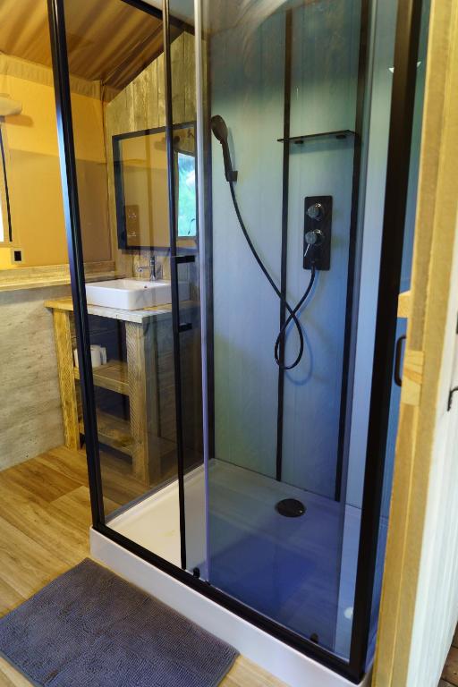 a shower stall in a bathroom with a sink at LE LODGE DU DOMAINE in Saint-Hilaire-en-Morvan