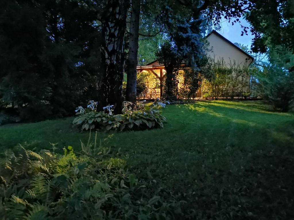 een achtertuin met een gazon en een prieel bij Szent Erzsébet Apartmanház in Kecskemét