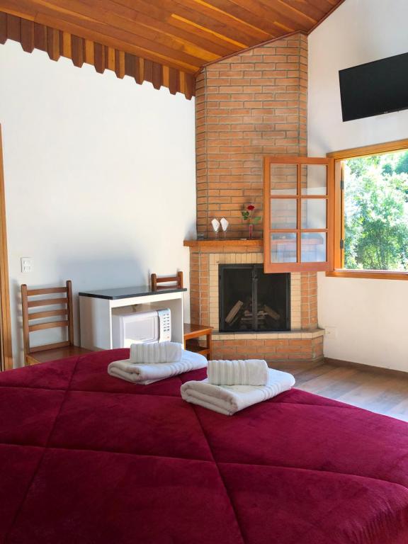 1 dormitorio con 1 cama grande y chimenea en Terrace house, en Monte Verde