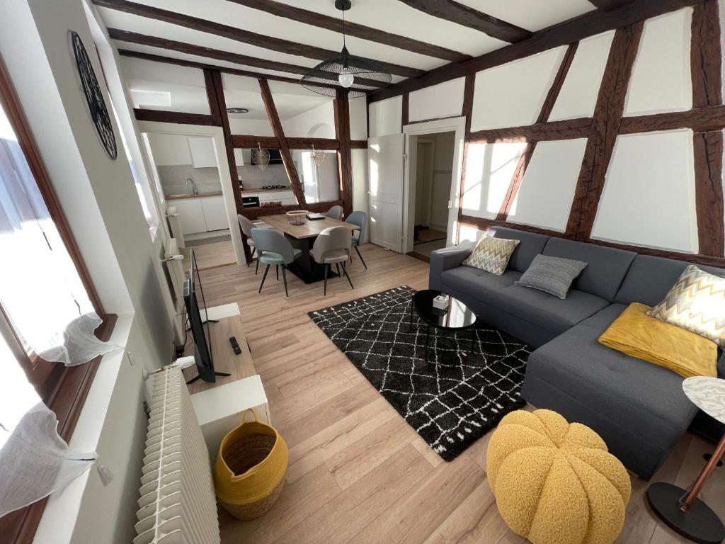 a living room with a couch and a table at appartement le fil d'or in Colmar