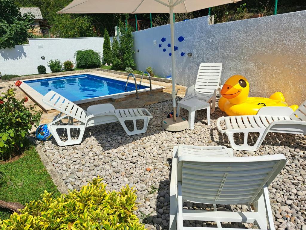 a backyard with a pool with chairs and an umbrella at Villa Uros in Herceg-Novi