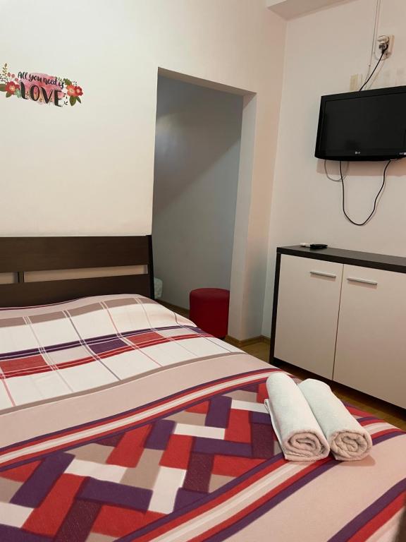 um quarto com uma cama e uma televisão de ecrã plano em Budget Inn Amzei em Bucareste