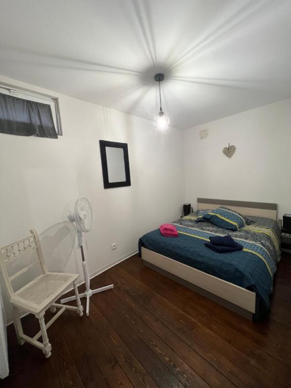 ein Schlafzimmer mit einem Bett, einem Stuhl und einem Ventilator in der Unterkunft Chez Ben et Maé in Rouffach