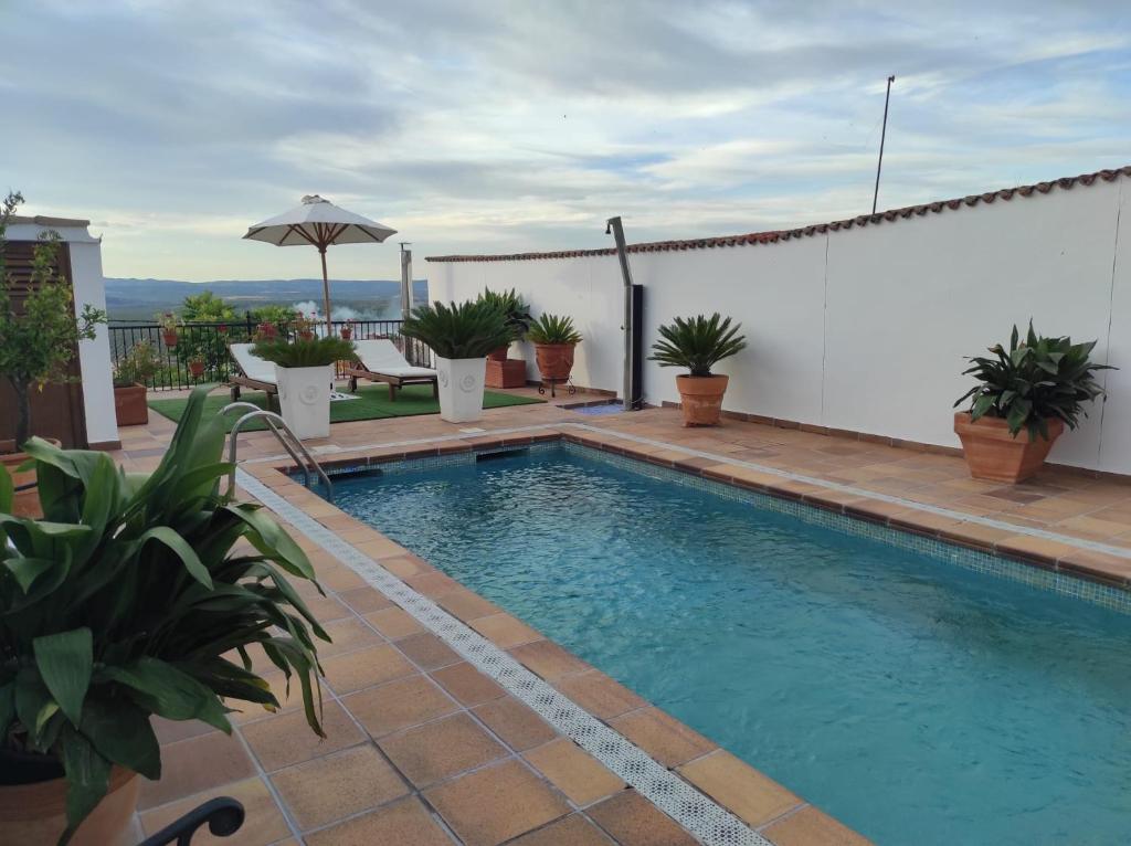 - une piscine avec des plantes et un parasol dans l'établissement Encantadora casa con piscina privada y vistas panorámicas, à Castellar de Santisteban