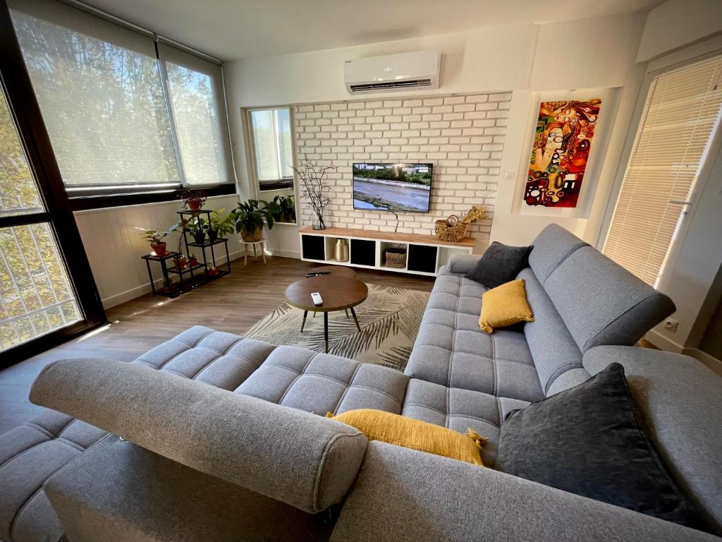 ein Wohnzimmer mit einem Sofa und einem TV in der Unterkunft Très bel appartement central, au calme avec balnéo in Perpignan