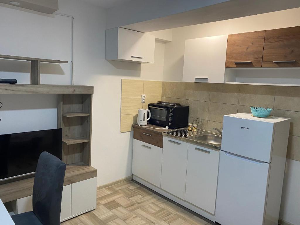 eine Küche mit einem weißen Kühlschrank und einer Mikrowelle in der Unterkunft DREAM APARTMENTS in Surčin