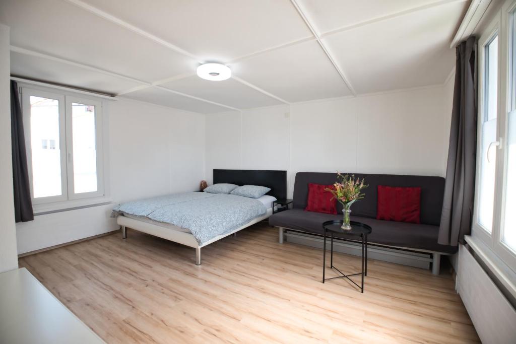 ein Schlafzimmer mit einem Bett, einem Sofa und einem Tisch in der Unterkunft Lake Getaway Apartment with Private entrance, right on the Lake Constance cycle path, barbecue area, free wifi, Netflix and free bikes in Salmsach