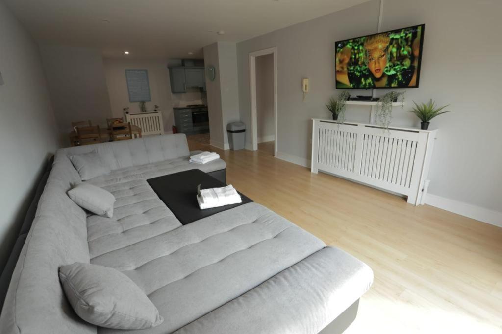a living room with a couch and a tv at Diamond Apartment in Belfast