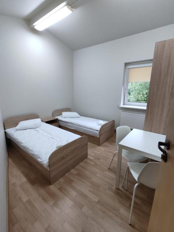 a room with two beds and a desk and a window at Trevena Kretinga in Kretinga