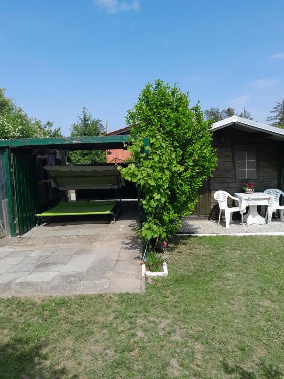 a patio with a table and a tree in a yard at Ferienhaus Alla, Neeberg/Usedom in Neeberg