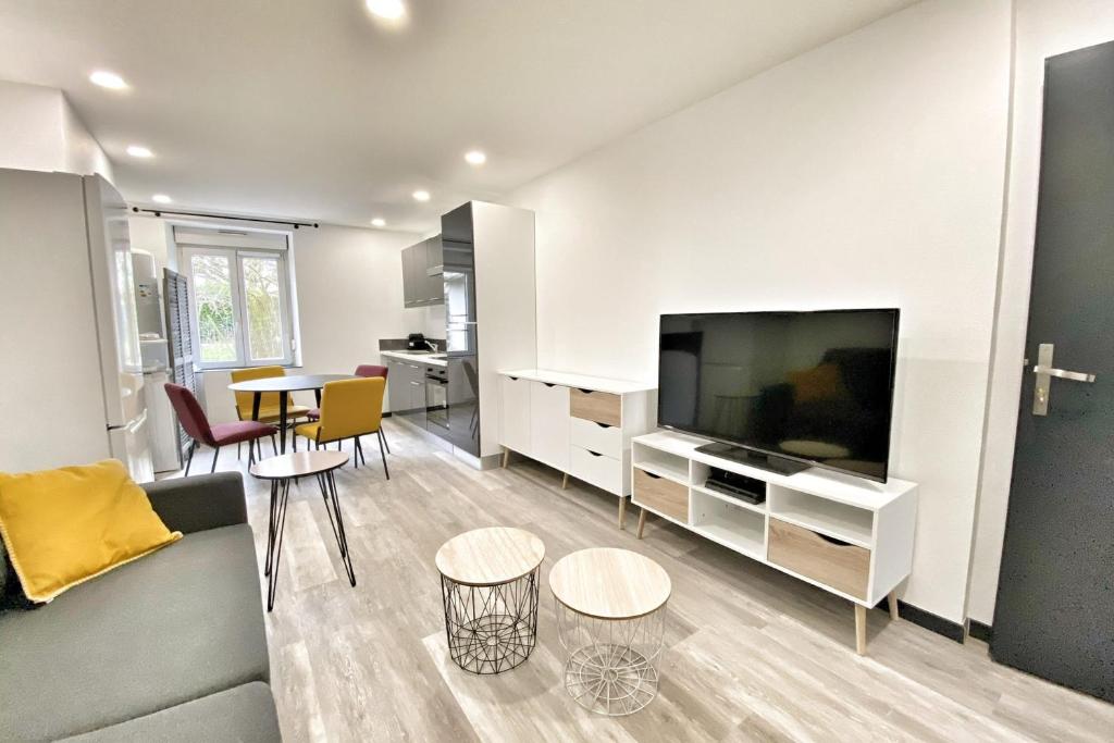 a living room with a large flat screen tv at Le Grand Frontalier in Terville