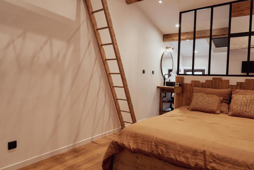 ein Schlafzimmer mit einem Hochbett und einer Leiter in der Unterkunft Maison avec JACUZZI Privatif, L'Antre 2, WIFI,TV,CLIM in Bessan