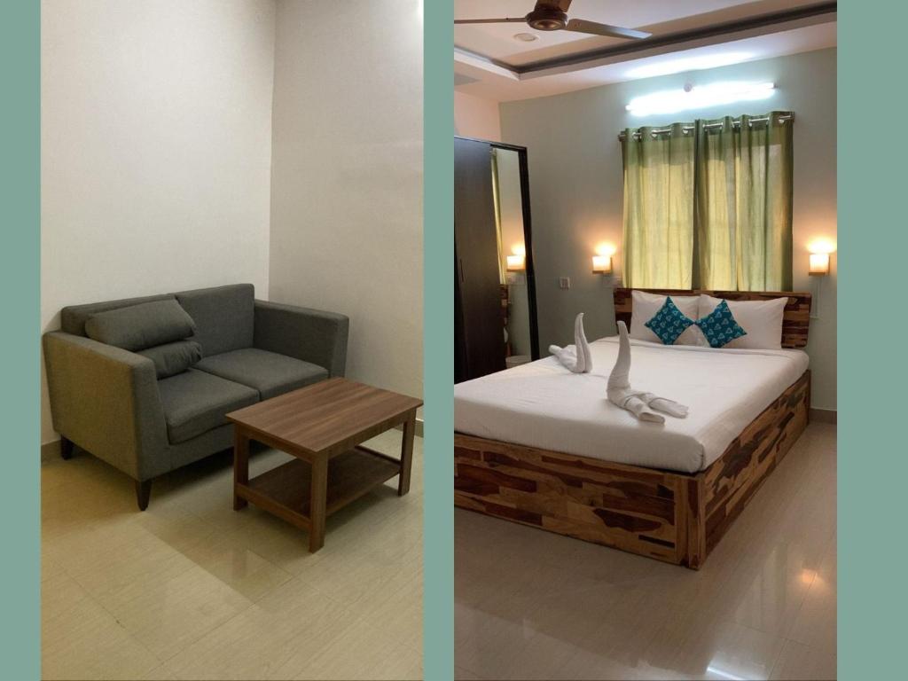 two pictures of a bedroom with a bed and a chair at Udipi's Vihar in Hyderabad