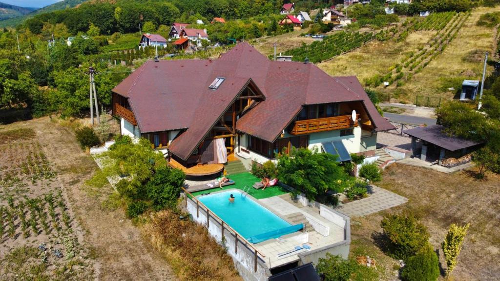 una vista aérea de una casa con piscina en 659 apartments en Vinné