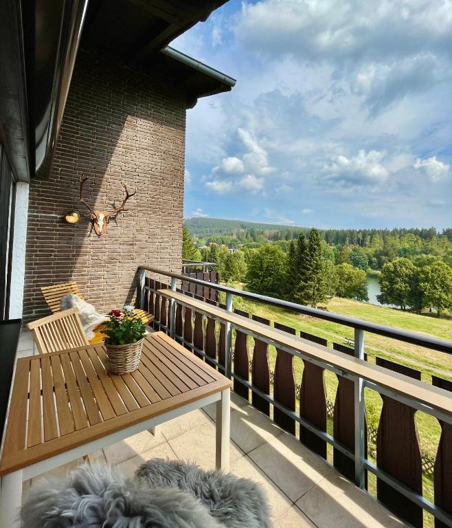 a balcony with a bench and a view of a river at Ferienwohnung Harzurlaub in Hahnenklee-Bockswiese