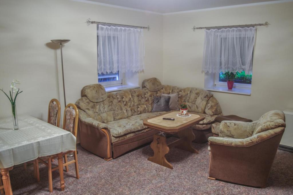 ein Wohnzimmer mit einem Sofa und einem Tisch in der Unterkunft Pension Muldental Großbothen Wohnung 1 in Grimma