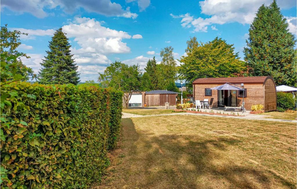 a small wooden house in a yard with a hedge at Stunning Home In Haller With Kitchen in Haller