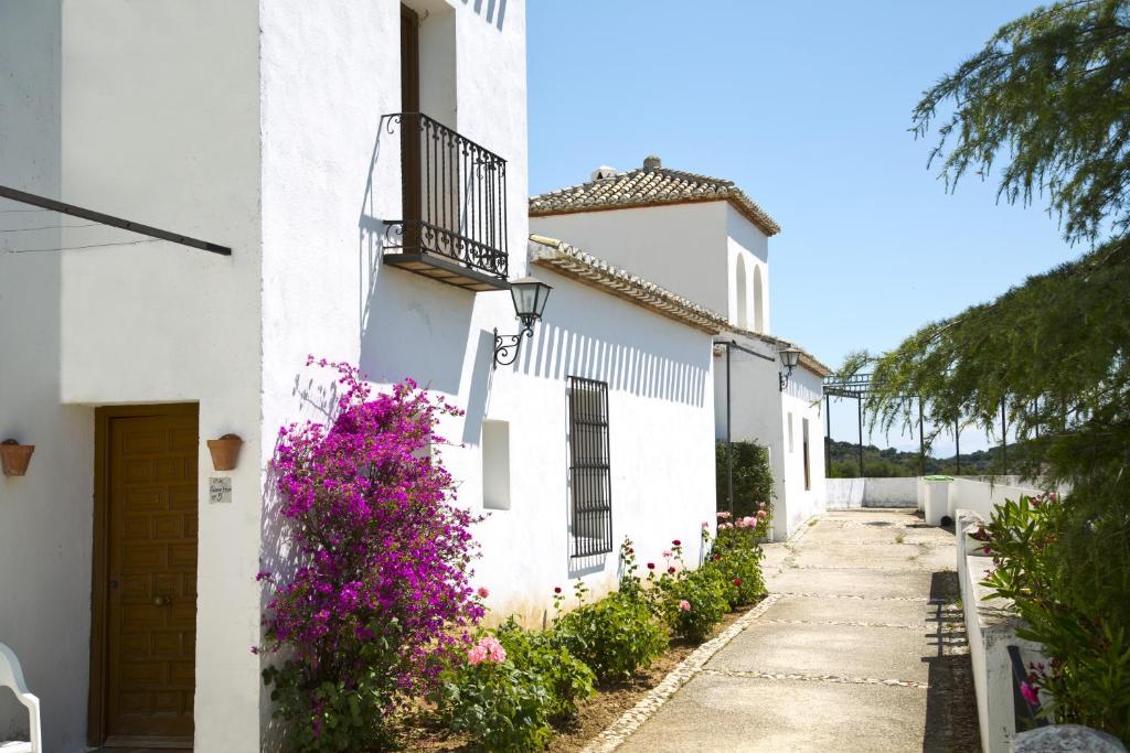 uma fila de casas brancas com flores roxas em Villa Turística de Priego em Priego de Córdoba