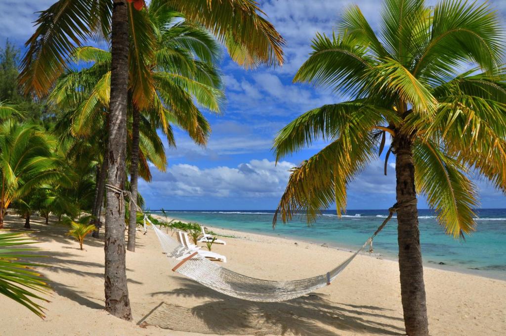 a hammock on a beach with palm trees at Sunset Resort in Rarotonga