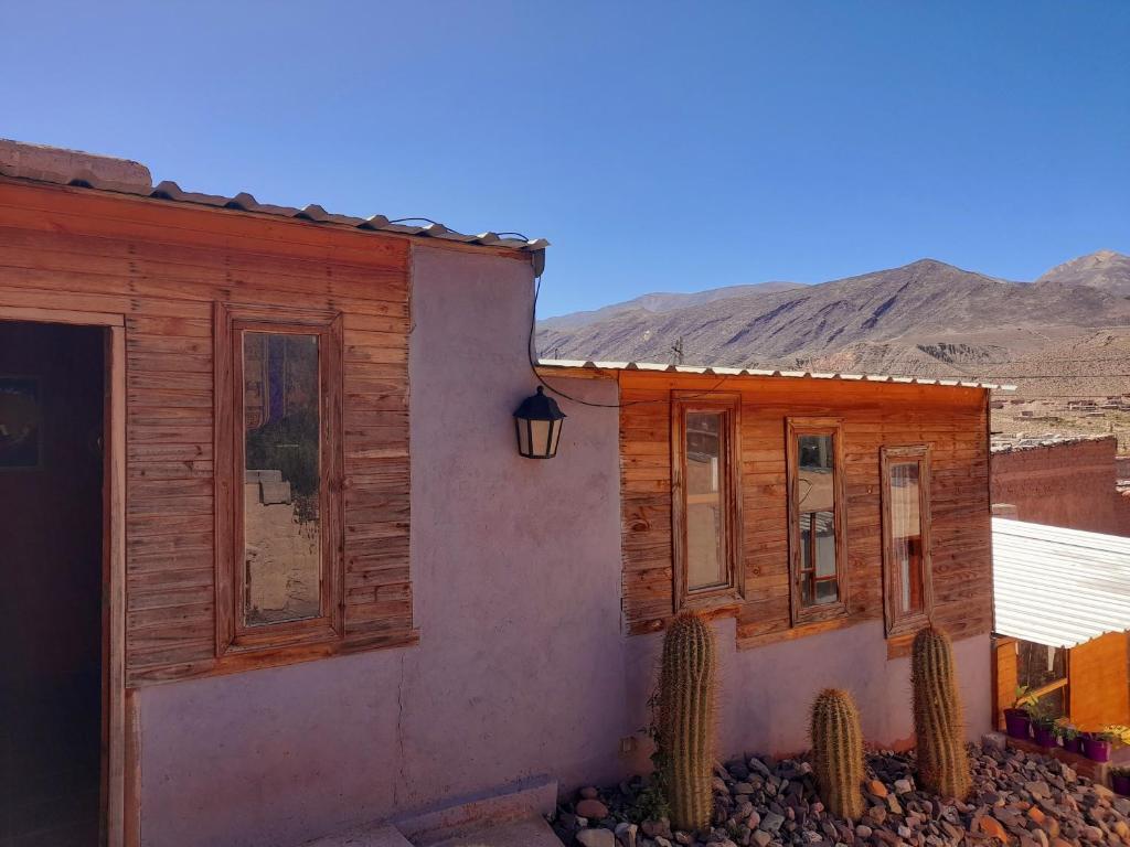 une maison dans le désert avec des cactus en face dans l'établissement Sumaj Rústica, à Maimará