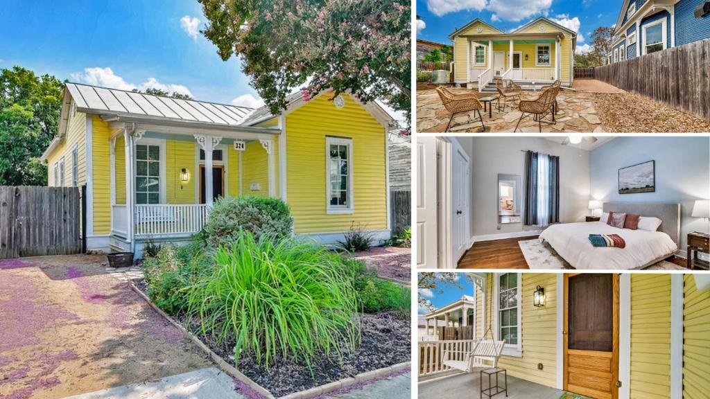 a collage of pictures of a yellow house at Downtown Historic 2Bdrm, Walk to Riverwalk, Alamo; Beautifully Renovated! in San Antonio