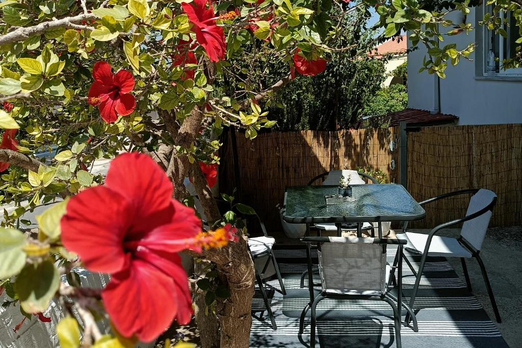 a table and chairs and a red flower on a tree at Ostria 2 Bedroom apartment near Falasarna + Balos in Plátanos