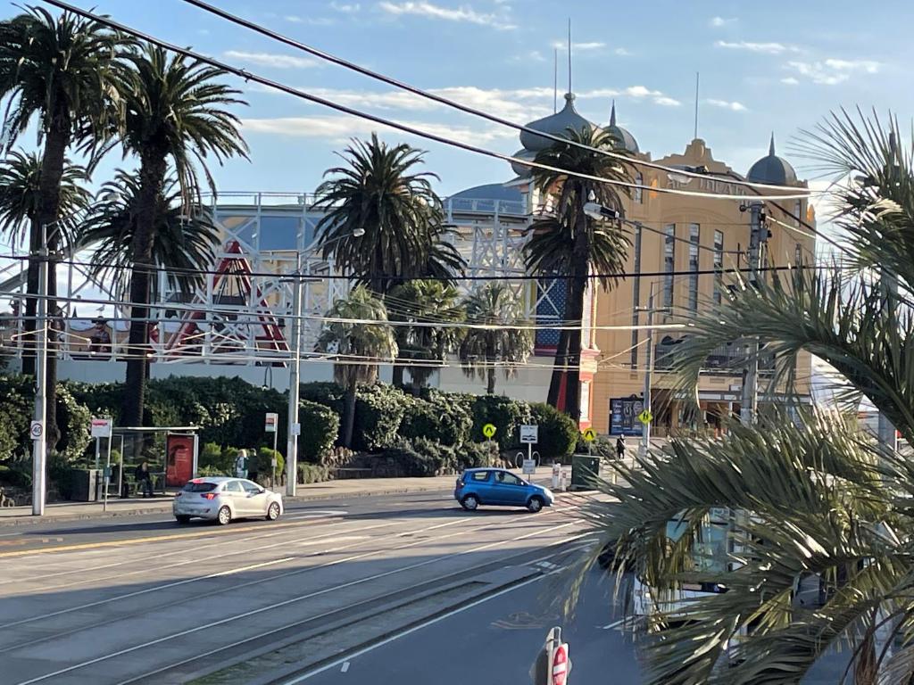 Une rue avec des voitures qui descendent dans une rue bordée de palmiers dans l'établissement Heart of St Kilda, à Melbourne