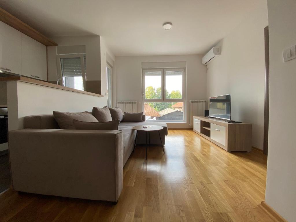 a living room with a couch and a television at Cool Apartments with FREE PARKING in Čačak