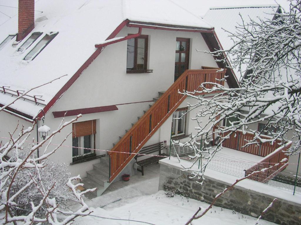 a house with a staircase in the snow at Apartments Dvor in Bovec