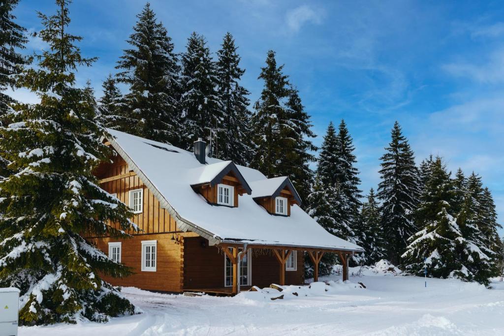 ホルニー・ブラトナーにあるRoubenka na jelení hořeの雪の中の木々の丸太小屋