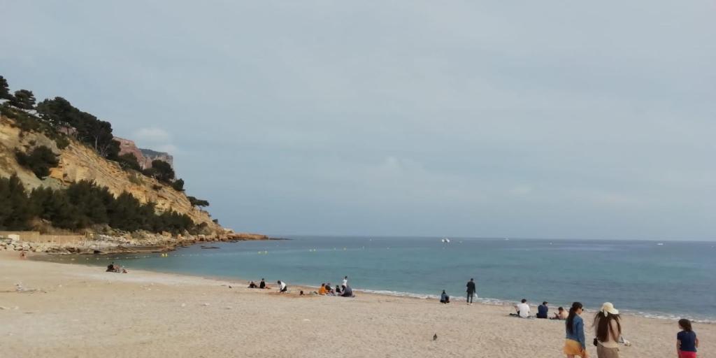 un groupe de personnes sur une plage près de l'eau dans l'établissement Au calme, 200m du centre T2 avec balcon et parking, à Cassis