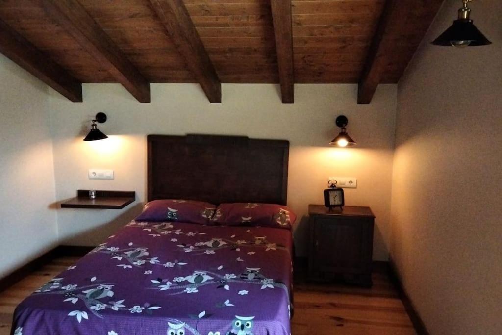 sypialnia z fioletowym łóżkiem i 2 światłami w obiekcie Lobetios - Casa rural w mieście Parada de Achas