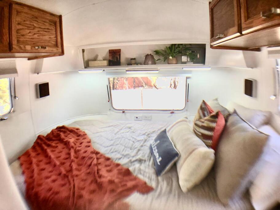 a small room with a bed and a couch at The Steel Magnolia Airstream - Cabins At Rim Rock in Austin