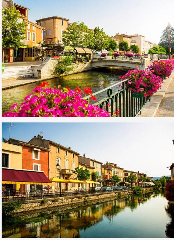 two pictures of a river with pink flowers and buildings at Studio in Sorgues