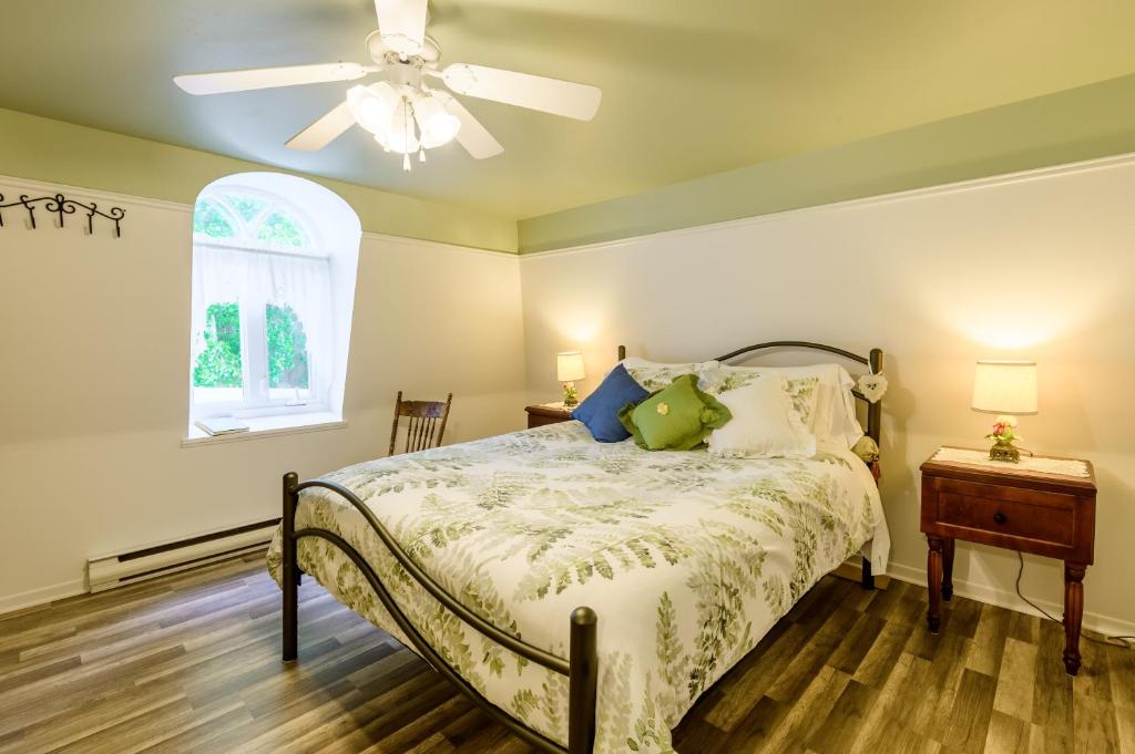 a bedroom with a bed and a ceiling fan at Maison de L'Anse aux oies / Gîte in L'islet Sur Mer