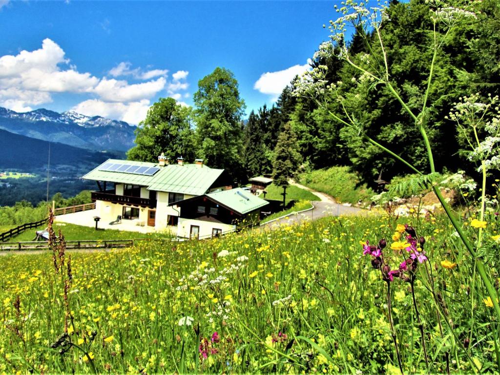 una casa en una colina con un campo de flores en 4 Bergpanorama mit herrlicher alpinen Almlandschaft Nichtraucherdomizil, en Schönau am Königssee