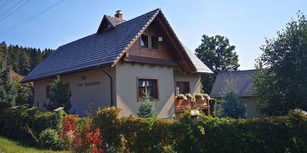une petite maison avec un toit en gambrel dans l'établissement Ubytovanie pod Homôlkou, à Jamník