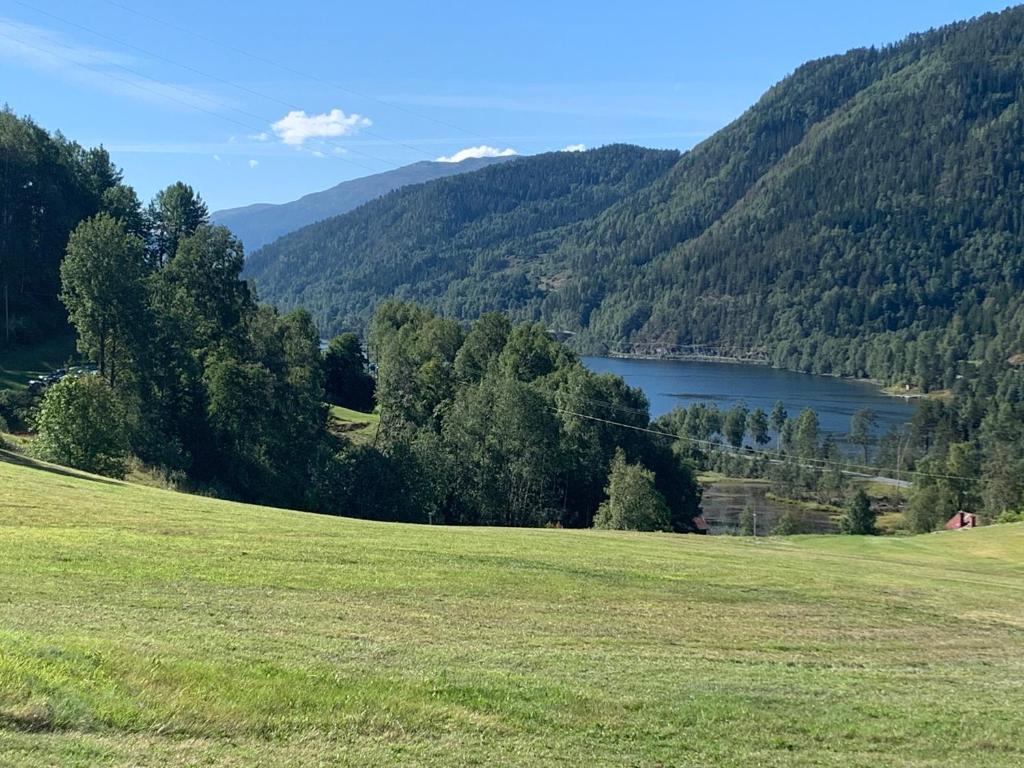 a green field with a lake in the distance at Feriehus med utsikt til fjord og fjell 