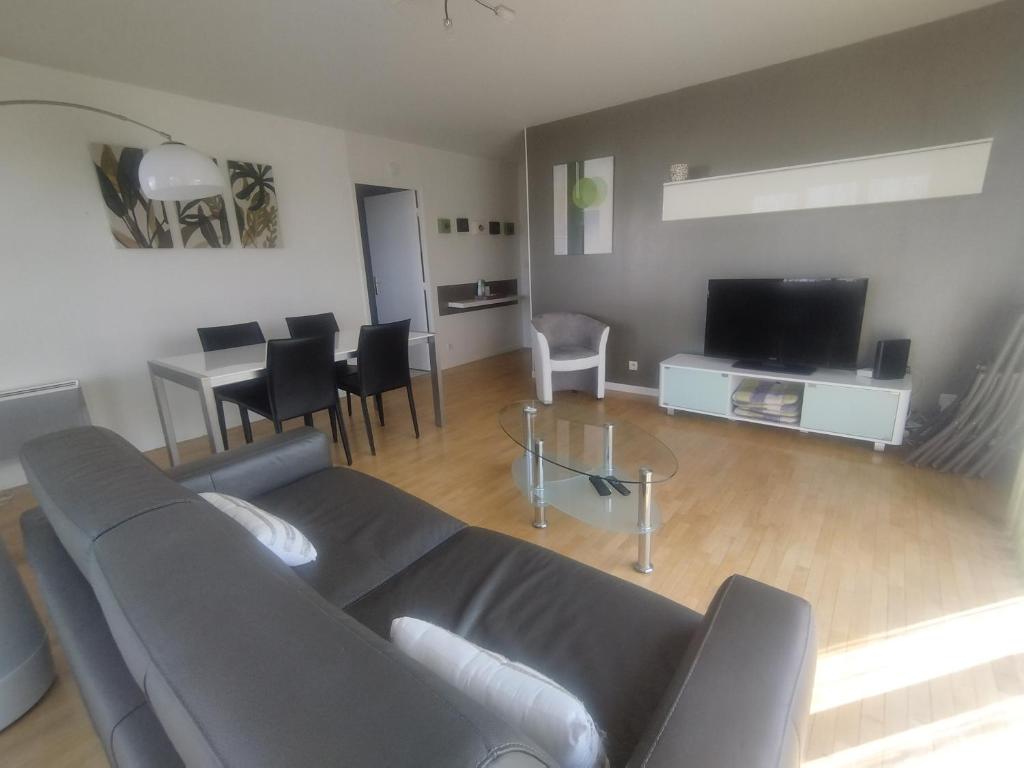 a living room with a gray couch and a tv at Bord de Seine in Carrières-sous-Poissy