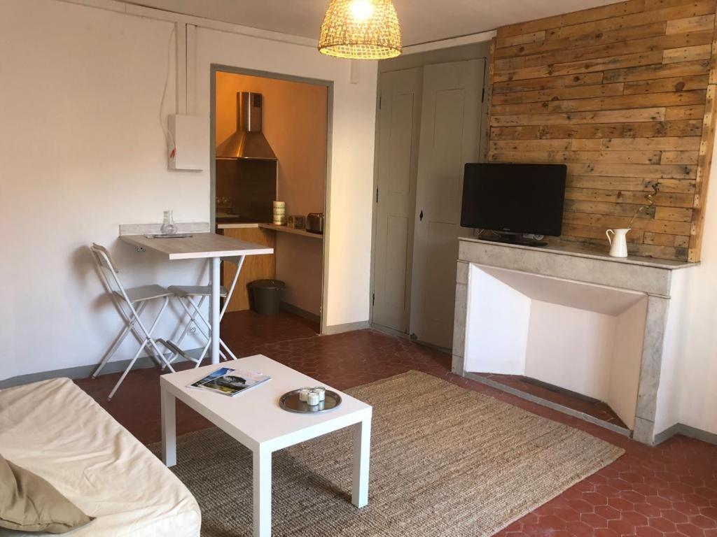 a living room with a couch and a fireplace at le calme à Salernes in Salernes