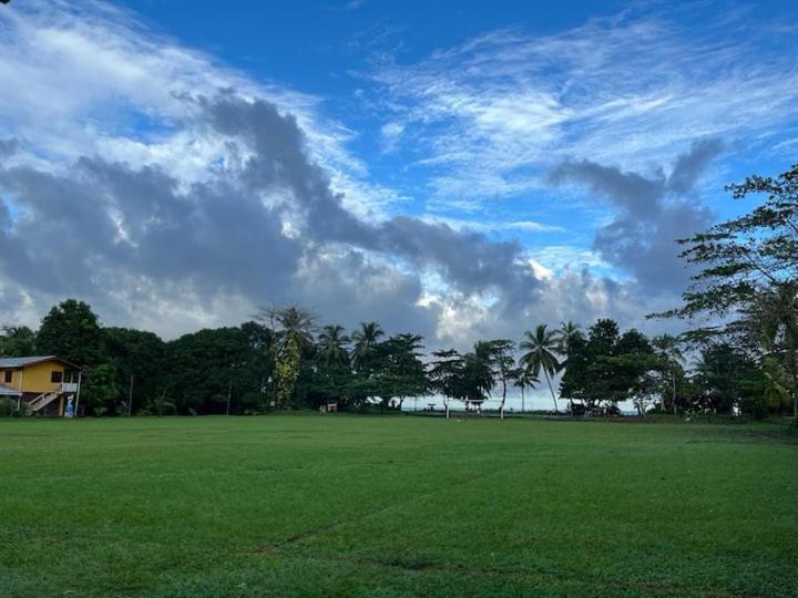 a large green field with trees and a cloudy sky at Casa Artavia in Tortuguero