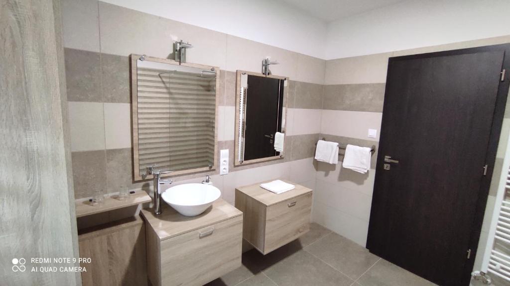 uma casa de banho com um lavatório e um espelho em Lővér Vendégház Sopron em Sopron