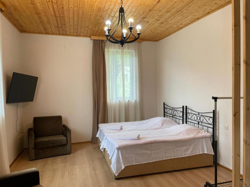 ein Schlafzimmer mit einem Bett, einem Stuhl und einem Kronleuchter in der Unterkunft Teona's Guesthouse in Mestia in Mestia