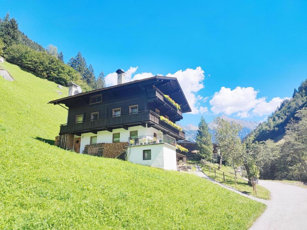 a house on the side of a green hill at Pretty Holiday Home in Mayerhofen with Balcony in Mayrhofen