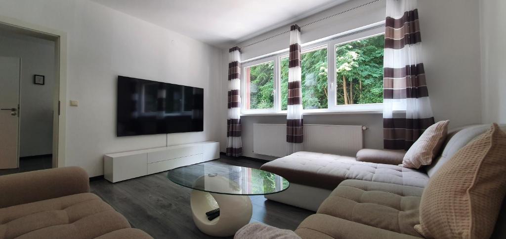 uma sala de estar com um sofá, uma televisão e uma mesa em TLA TDY Ferienwohnung em Landstuhl