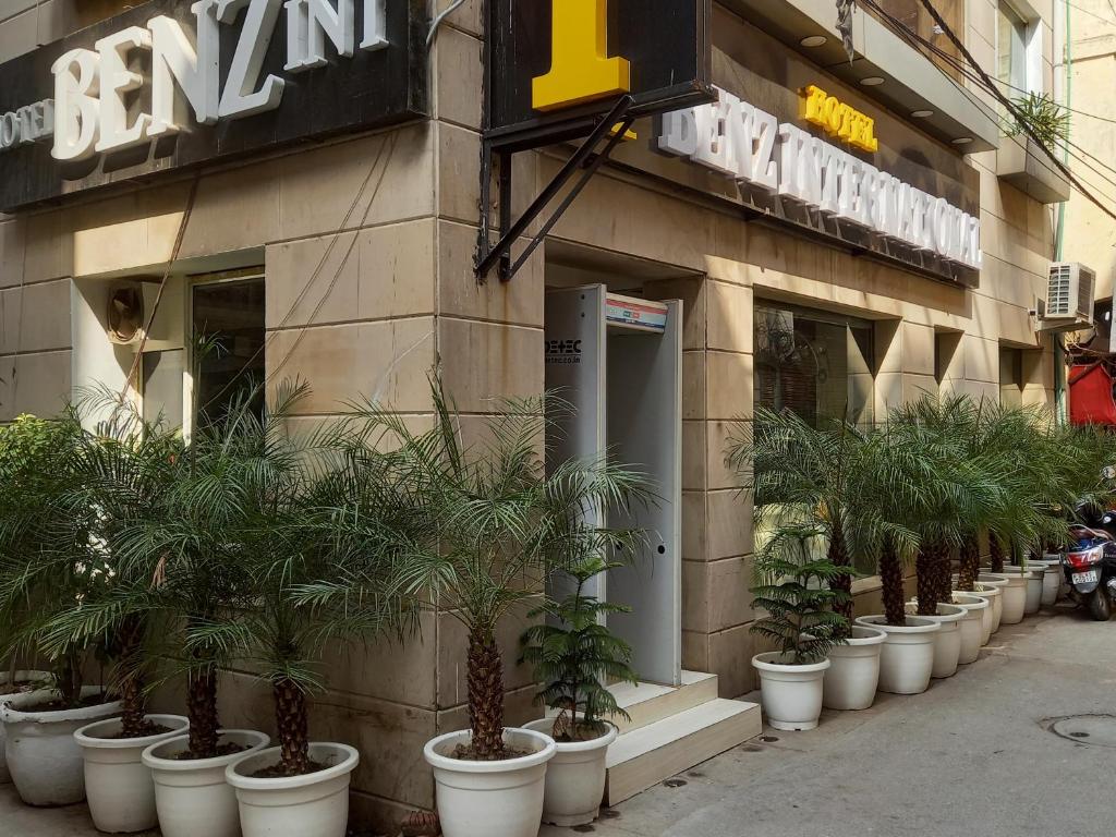 a row of potted plants in front of a store at HOTEL BENZ INTERNATIONAL in New Delhi