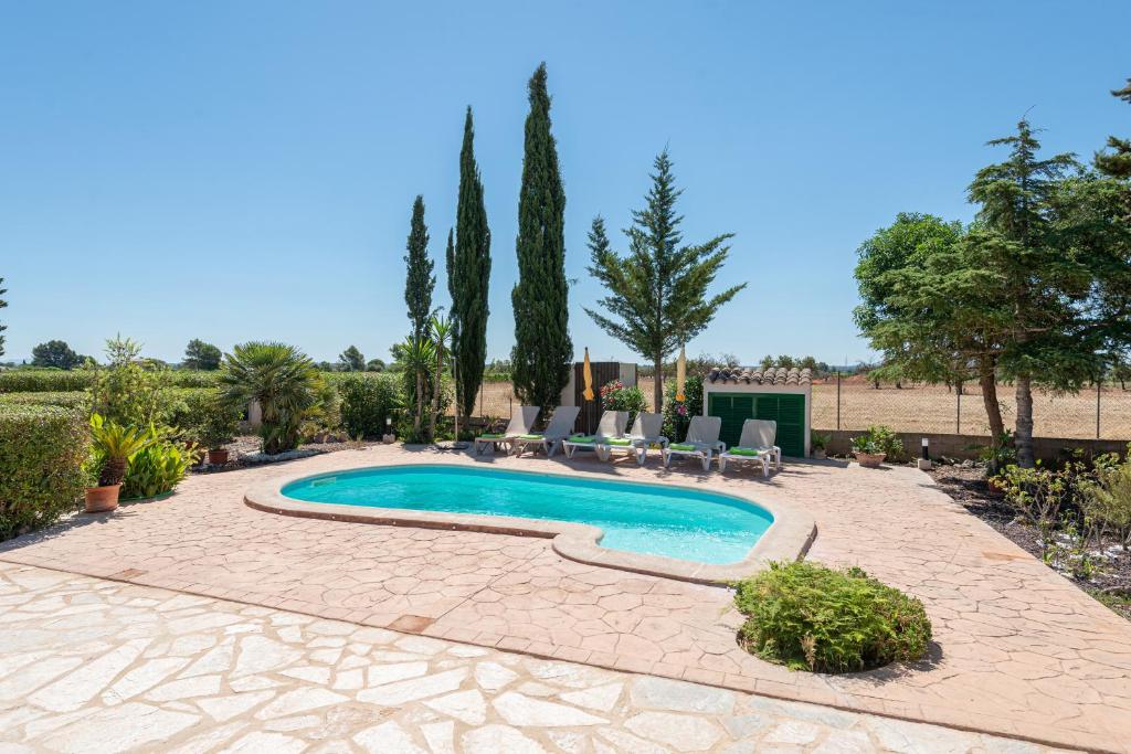 einen Pool im Garten mit Stühlen und Bäumen in der Unterkunft Ca na Menuda in Sencelles