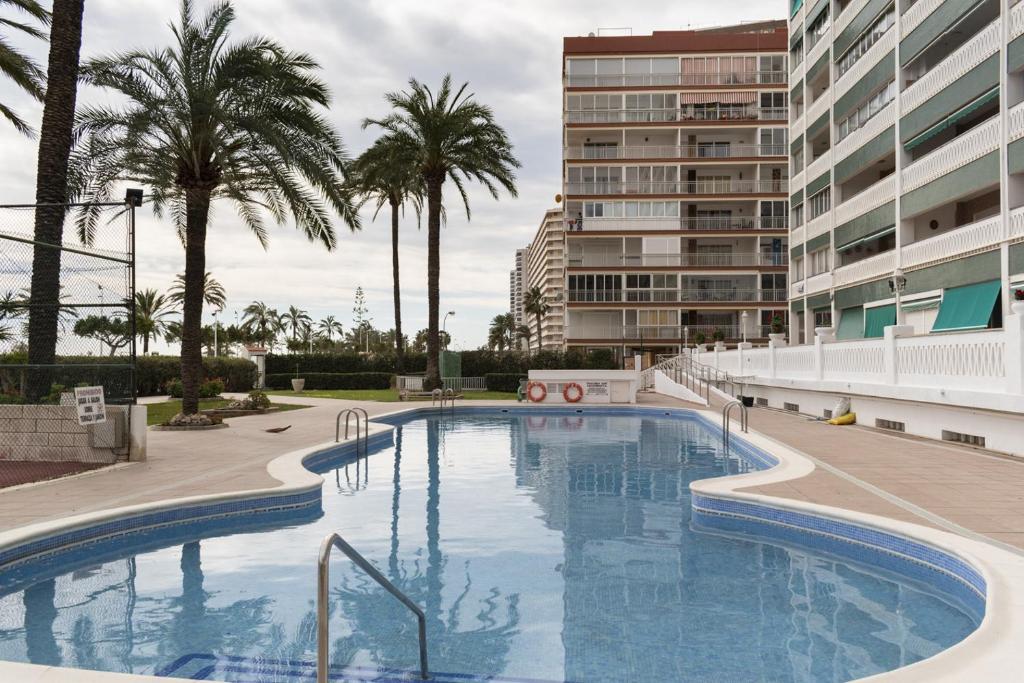 a large swimming pool with palm trees and buildings at Lider, 12-G in Cullera