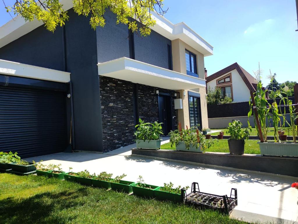 uma casa azul com plantas no jardim da frente em Beachside Villa em Silivri